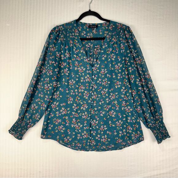 1. State Green Teal Red Floral Chiffon Blouse V-Neck Sheer Sleeves Size Medium - Picture 1 of 4